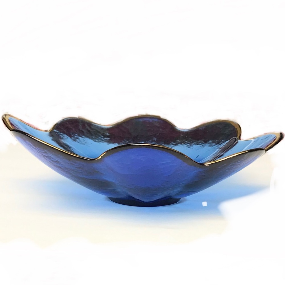 Vintage Cobalt Blue Flower Shaped Glass Bowl w Gold Trim